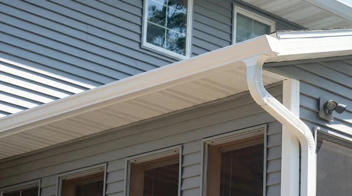 Professional home remodeling project showing newly installed white seamless gutters and downspouts on a house with gray siding in Dayton, OH