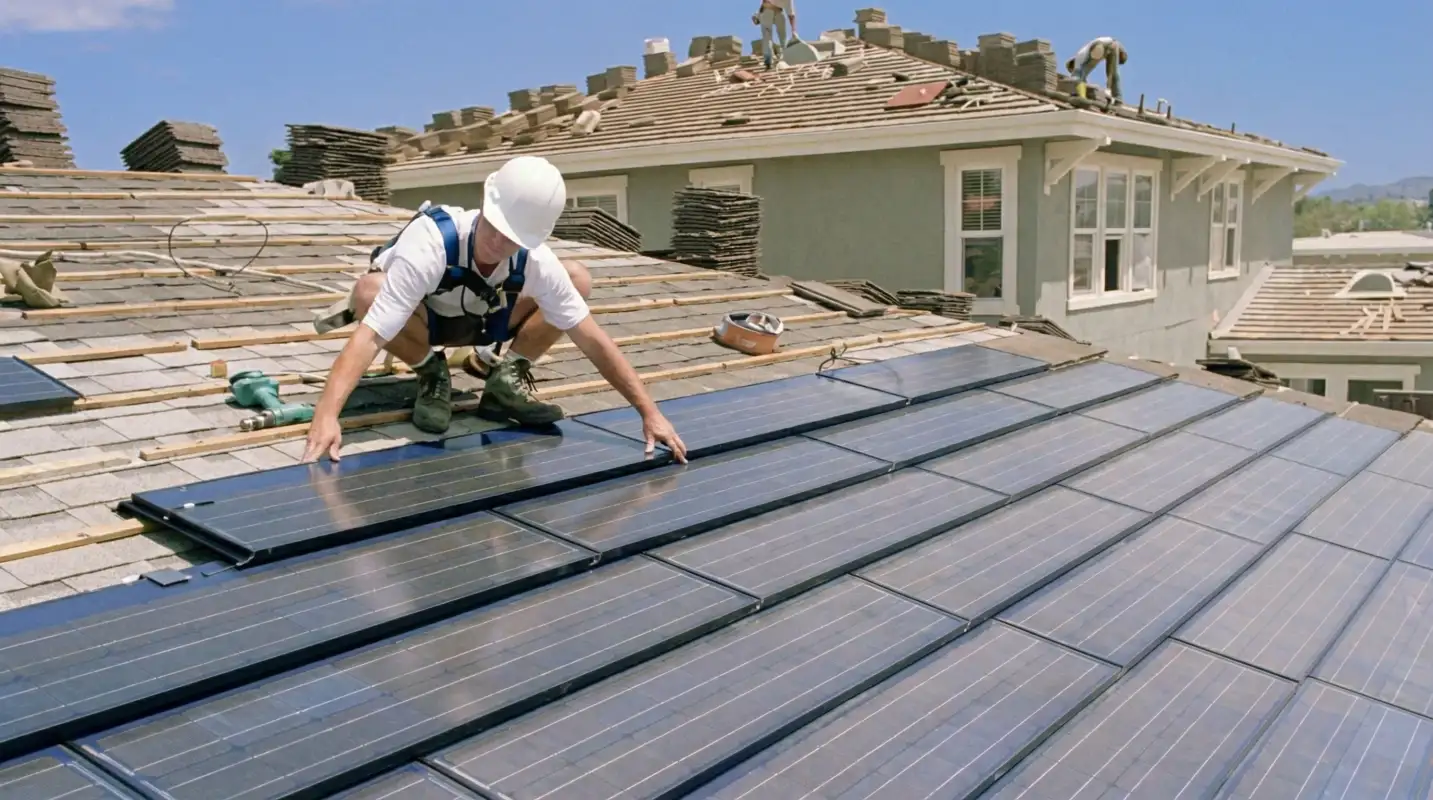 Roof replacement expert installing modern solar shingles on a residential home in Dayton, OH