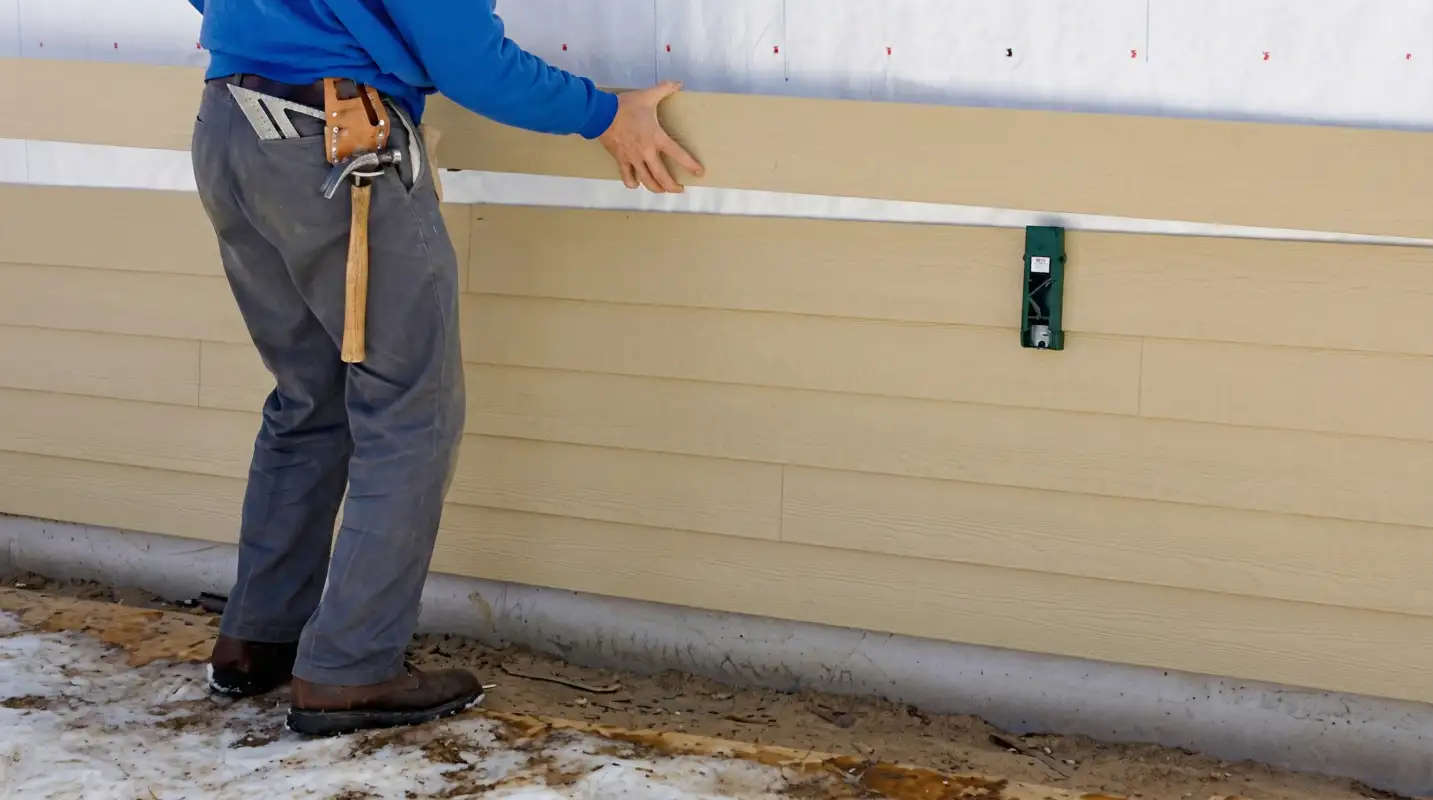 Siding replacement expert carefully aligning a new tan siding panel onto a residential exterior wall in Dayton, OH