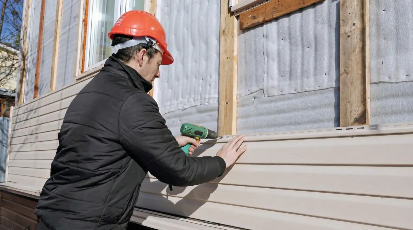 Siding replacement professional using a power drill to install new tan vinyl siding on a home exterior in Dayton, OH