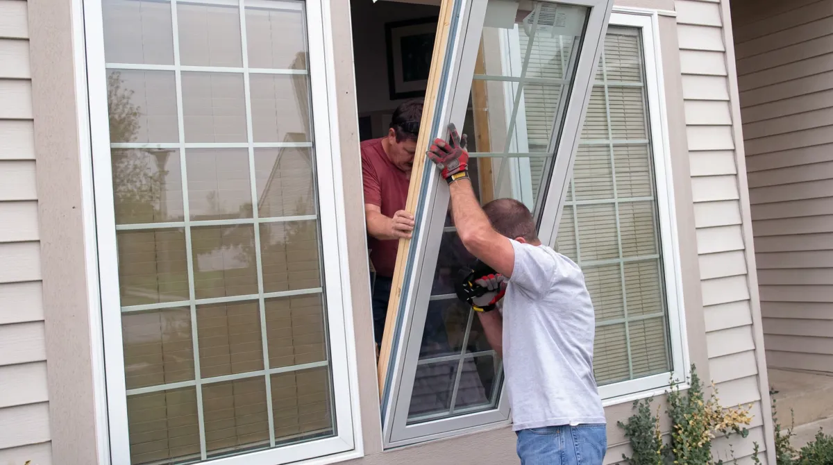 Professional home remodeling team installing a large replacement window on a house with tan siding in Dayton, OH