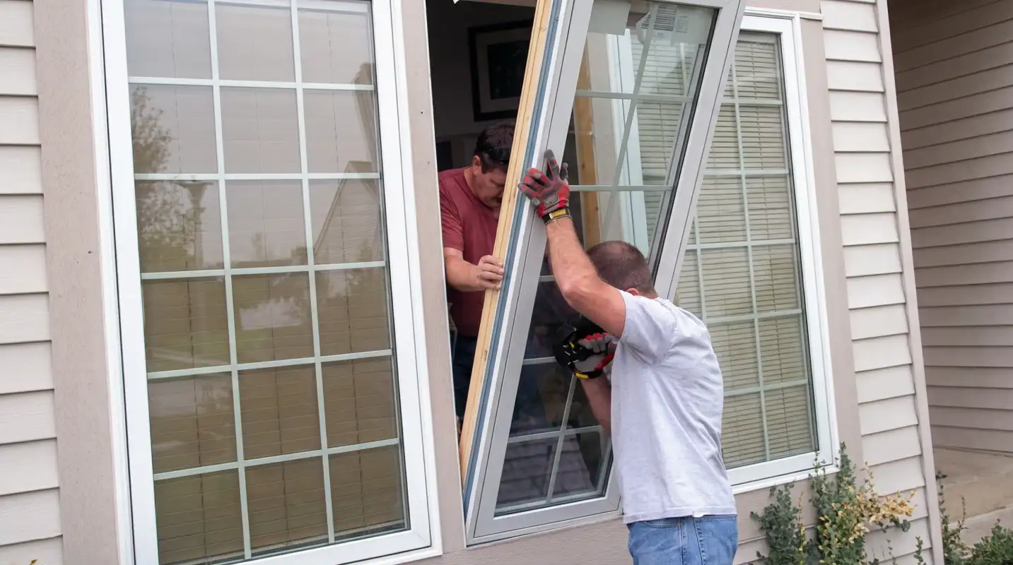 Professional home remodeling team installing a large replacement window on a house with tan siding in Dayton, OH